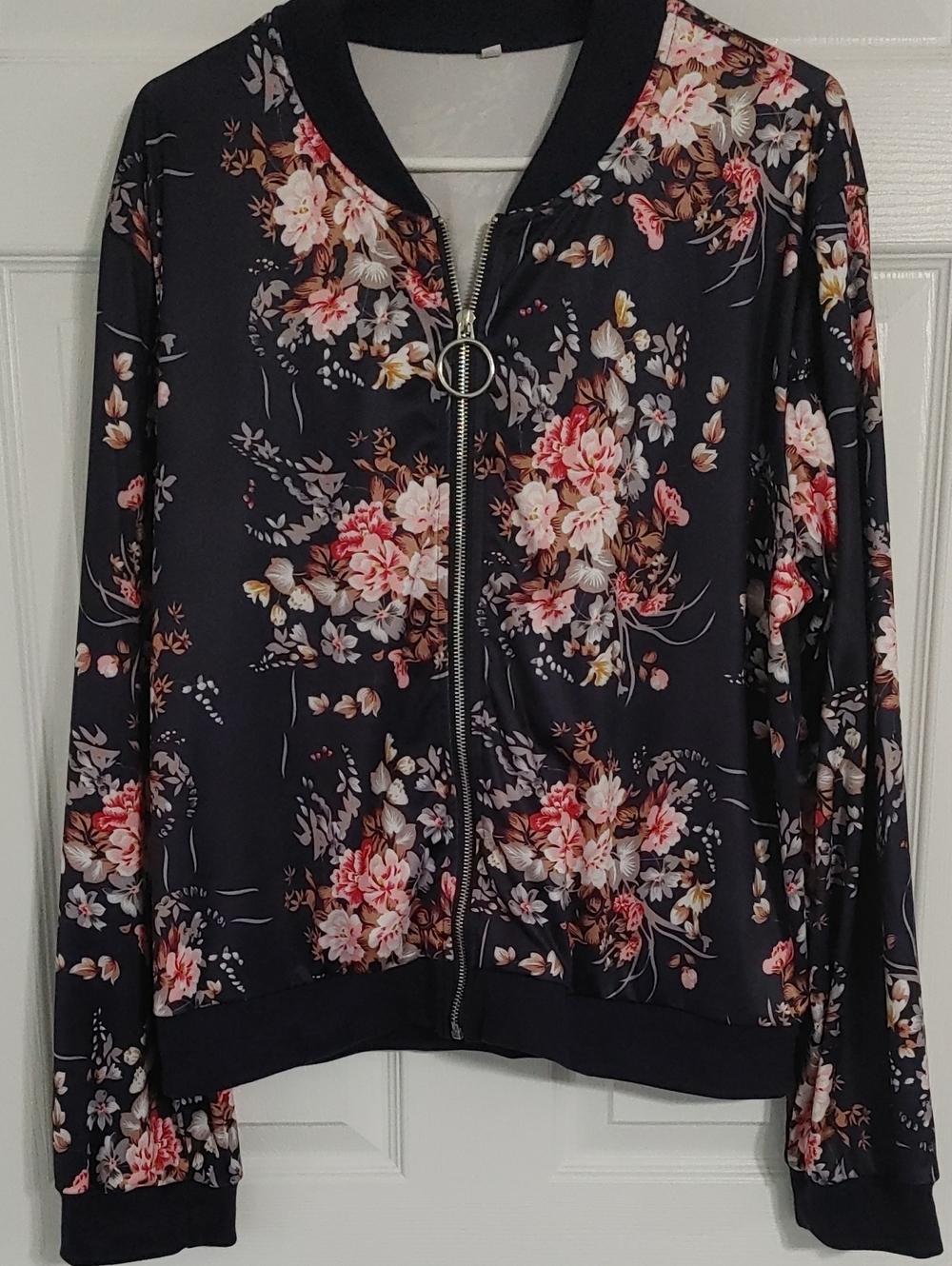 Floral Zip-Front Bomber Jacket Dark Navy 2X Runs Small Silky Fabric Like New